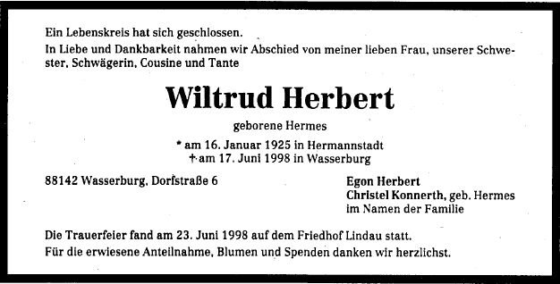 Hermes Wiltrud 1925-1998 Todesanzeige